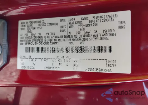 2019 Ford Escape Sel z USA, uszkodzony, nr VIN 1FMCU9HD2KUB52091